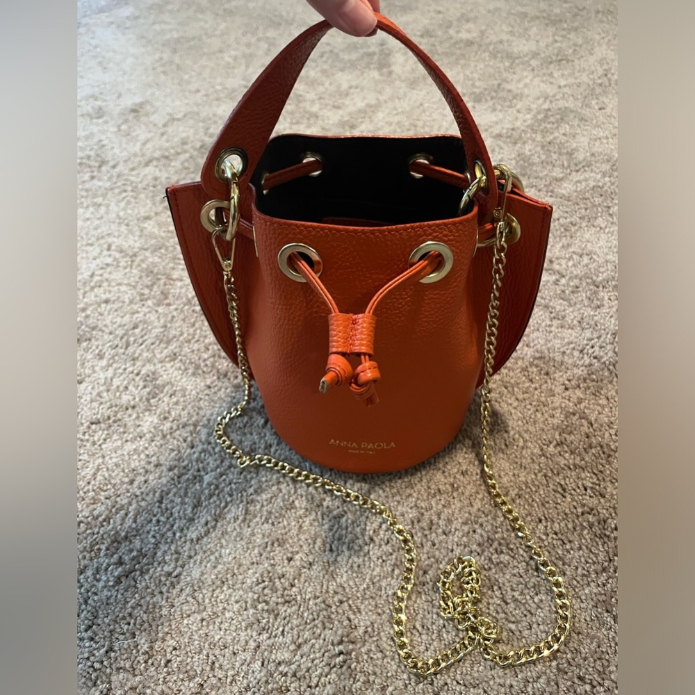 Anna Paola Gold Chain Orange Bucket Bag